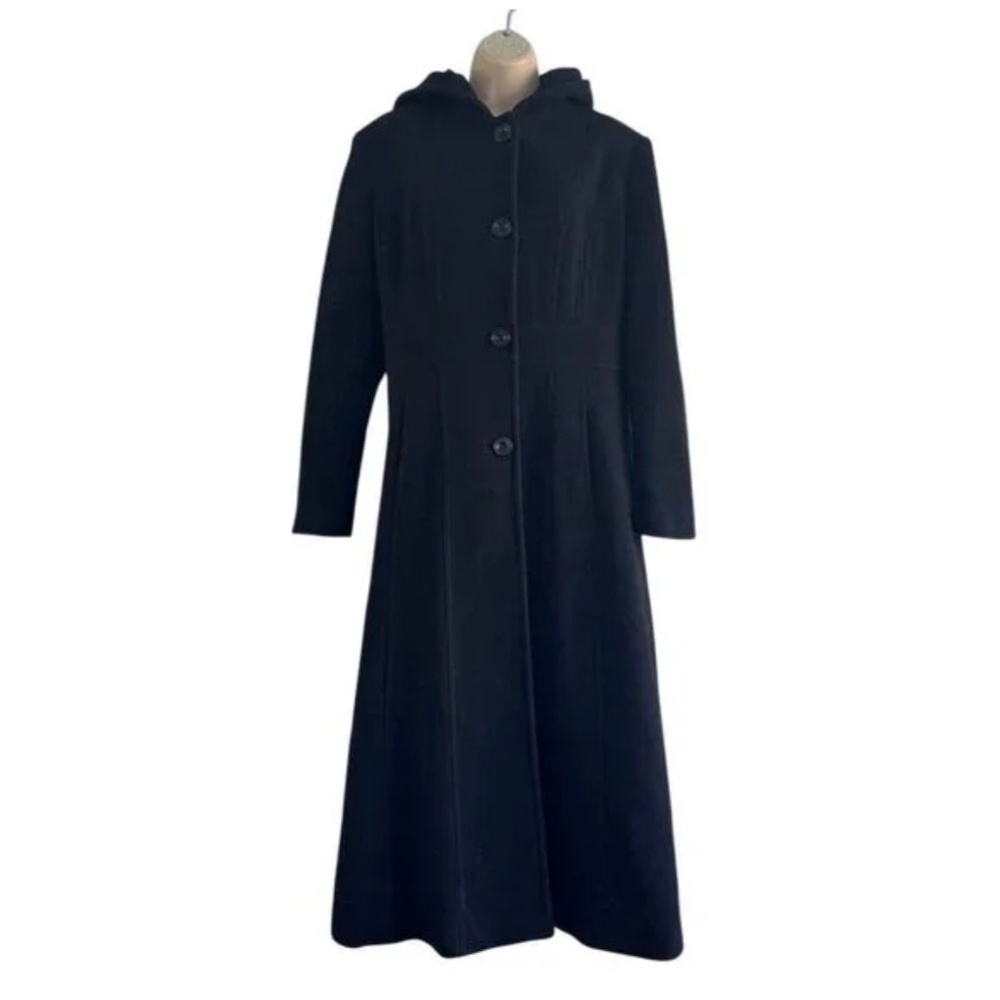 AK Anne Klein Woman’s Sz 10 Hooded Single Breasted Maxi Coat in Black Wool Blend